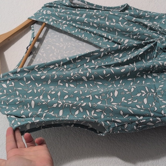 Lands End Faux Wrap Dress Modal Sage Teal White Leaf Floral Twist Summer Size 1X - Picture 5 of 12
